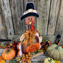 Load image into Gallery viewer, Thanksgiving Centerpiece, Turkey Centerpiece, Thanksgiving decoration, Turkey decor, Thanksgiving shelf sitter, Wooden Pilgrim Turkey decor
