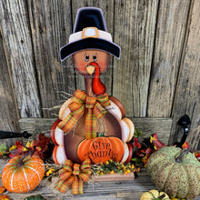 Load image into Gallery viewer, Thanksgiving Centerpiece, Turkey Centerpiece, Thanksgiving decoration, Turkey decor, Thanksgiving shelf sitter, Wooden Pilgrim Turkey decor
