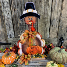 Load image into Gallery viewer, Thanksgiving Centerpiece, Turkey Centerpiece, Thanksgiving decoration, Turkey decor, Thanksgiving shelf sitter, Wooden Pilgrim Turkey decor
