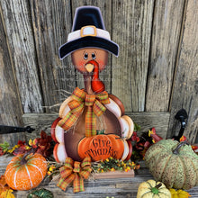 Load image into Gallery viewer, Thanksgiving Centerpiece, Turkey Centerpiece, Thanksgiving decoration, Turkey decor, Thanksgiving shelf sitter, Wooden Pilgrim Turkey decor
