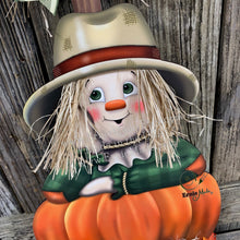 Load image into Gallery viewer, Scarecrow, fall wood decor, Thanksgiving porch decor, Primitive wood Scarecrow with pumpkin, Fall sign, Halloween, Pumpkin centerpiece
