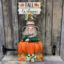 Load image into Gallery viewer, Scarecrow, fall wood decor, Thanksgiving porch decor, Primitive wood Scarecrow with pumpkin, Fall sign, Halloween, Pumpkin centerpiece
