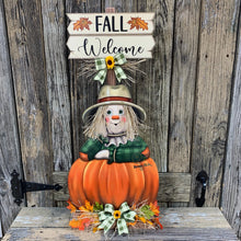 Load image into Gallery viewer, Scarecrow, fall wood decor, Thanksgiving porch decor, Primitive wood Scarecrow with pumpkin, Fall sign, Halloween, Pumpkin centerpiece
