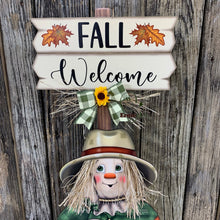 Load image into Gallery viewer, Scarecrow, fall wood decor, Thanksgiving porch decor, Primitive wood Scarecrow with pumpkin, Fall sign, Halloween, Pumpkin centerpiece
