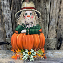 Load image into Gallery viewer, Scarecrow, fall wood decor, Thanksgiving porch decor, Primitive wood Scarecrow with pumpkin, Fall sign, Halloween, Pumpkin centerpiece
