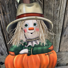 Load image into Gallery viewer, Scarecrow, fall wood decor, Thanksgiving porch decor, Primitive wood Scarecrow with pumpkin, Fall sign, Halloween, Pumpkin centerpiece
