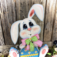 Load image into Gallery viewer, Spring Decoration, Easter Bunny centerpiece, bunny with floppy ears, Farmhouse Easter decor, wooden Bunny with Easter egg, Primitive Bunny
