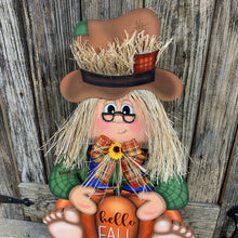 Load image into Gallery viewer, Scarecrow, Fall decoration, Pumpkin sign for porch, Wooden Scarecrow with stand, Halloween porch decor, Thanksgiving decor, shelf sitter
