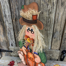 Load image into Gallery viewer, Scarecrow, Fall decoration, Pumpkin sign for porch, Wooden Scarecrow with stand, Halloween porch decor, Thanksgiving decor, shelf sitter
