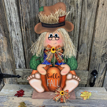 Load image into Gallery viewer, Scarecrow, Fall decoration, Pumpkin sign for porch, Wooden Scarecrow with stand, Halloween porch decor, Thanksgiving decor, shelf sitter
