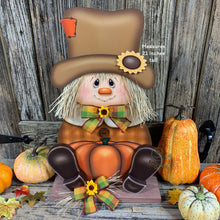 Load image into Gallery viewer, Scarecrow, Pumpkin centerpiece, Fall wood decor, Thanksgiving porch decor, Primitive Scarecrow on pumpkin sign, Fall arrangement, Halloween
