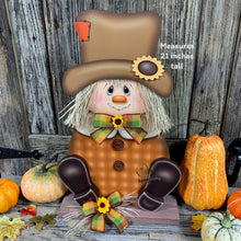 Load image into Gallery viewer, Scarecrow, Pumpkin centerpiece, Fall wood decor, Thanksgiving porch decor, Primitive Scarecrow on pumpkin sign, Fall arrangement, Halloween
