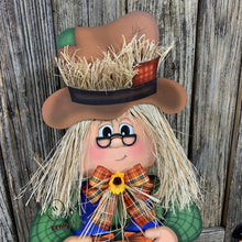 Load image into Gallery viewer, Scarecrow, Fall decoration, Pumpkin sign for porch, Wooden Scarecrow with stand, Halloween porch decor, Thanksgiving decor, shelf sitter
