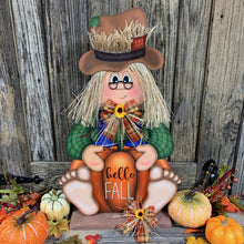 Load image into Gallery viewer, Scarecrow, Fall decoration, Pumpkin sign for porch, Wooden Scarecrow with stand, Halloween porch decor, Thanksgiving decor, shelf sitter
