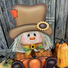 Load image into Gallery viewer, Scarecrow, Pumpkin centerpiece, Fall wood decor, Thanksgiving porch decor, Primitive Scarecrow on pumpkin sign, Fall arrangement, Halloween
