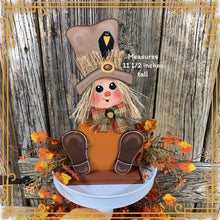 Load image into Gallery viewer, Fall Scarecrow decoration, Fall tier tray decor, wooden Scarecrow, shelf sitter, Halloween, Fall Farmhouse decor, Thanksgiving, wood crafts
