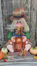 Load and play video in Gallery viewer, Scarecrow, Fall decoration, Pumpkin sign for porch, Wooden Scarecrow with stand, Halloween porch decor, Thanksgiving decor, shelf sitter
