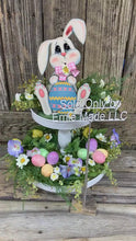 Load and play video in Gallery viewer, Spring Decoration, Easter Bunny with floppy ears, Farmhouse Spring, Easter Tiered tray decor, wooden Bunny with Easter egg, Primitive Bunny
