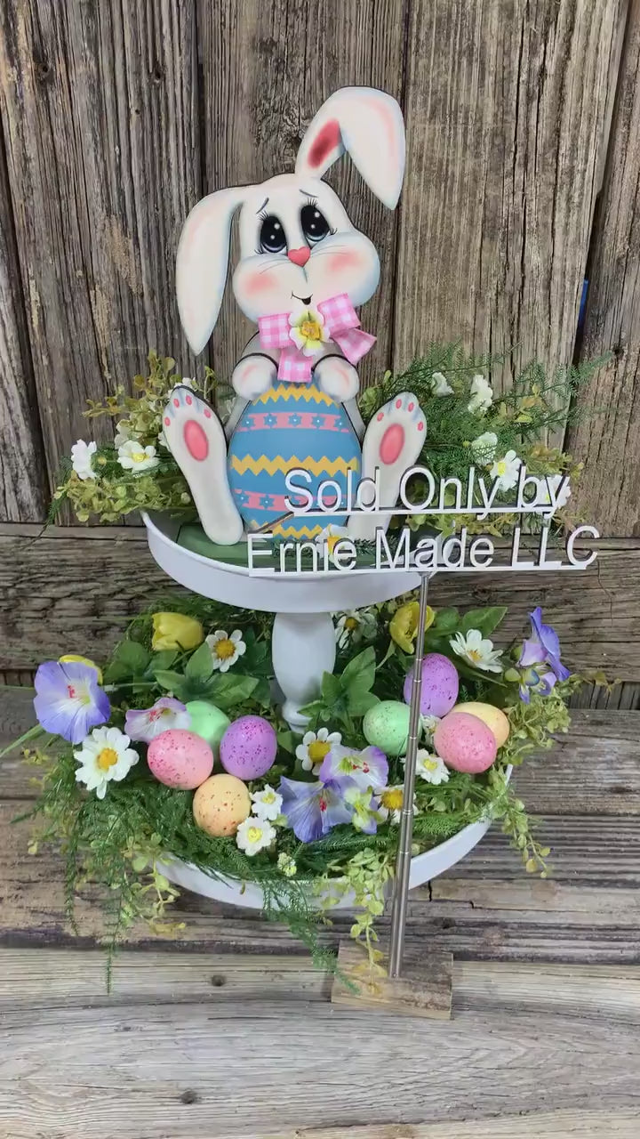 Spring Decoration, Easter Bunny with floppy ears, Farmhouse Spring, Easter Tiered tray decor, wooden Bunny with Easter egg, Primitive Bunny