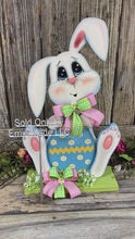 Load and play video in Gallery viewer, Spring Decoration, Easter Bunny centerpiece, bunny with floppy ears, Farmhouse Easter decor, wooden Bunny with Easter egg, Primitive Bunny
