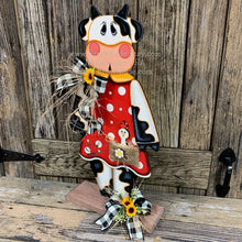 Load image into Gallery viewer, Farmhouse centerpiece, Cow decoration, Primitive Wooden Cow shelf sitter, Country style cow decoration, Bovine decor, Chicken decoration
