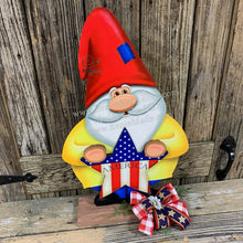 Load image into Gallery viewer, Gnome, Patriotic Gnome decoration, Gnome porch decor, Wooden Gnome For Summer, Fourth of July, Gnome with flag, Primitive Americana star
