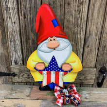 Load image into Gallery viewer, Gnome, Patriotic Gnome decoration, Gnome porch decor, Wooden Gnome For Summer, Fourth of July, Gnome with flag, Primitive Americana star
