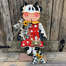 Load image into Gallery viewer, Farmhouse centerpiece, Cow decoration, Primitive Wooden Cow shelf sitter, Country style cow decoration, Bovine decor, Chicken decoration
