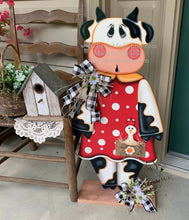 Load image into Gallery viewer, Farmhouse Cow decoration for entryway, Wooden Cow with stand, Country style cow and Chicken centerpiece, Cowgirl decor, Farm, Chicken decor
