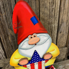 Load image into Gallery viewer, Gnome, Patriotic Gnome decoration, Gnome porch decor, Wooden Gnome For Summer, Fourth of July, Gnome with flag, Primitive Americana star
