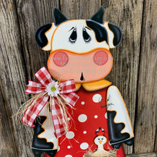 Load image into Gallery viewer, Farmhouse Cow decoration for entryway, Wooden Cow with stand, Country style cow and Chicken centerpiece, Cowgirl decor, Farm, Chicken decor
