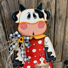 Load image into Gallery viewer, Farmhouse Cow decoration for entryway, Wooden Cow with stand, Country style cow and Chicken centerpiece, Cowgirl decor, Farm, Chicken decor
