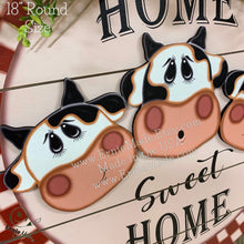 Load image into Gallery viewer, Front door hanger, Farmhouse cow door decor, Wood round, shiplap decor, Housewarming gift, Cow wreath, Cow decor, Farm door sign with cows
