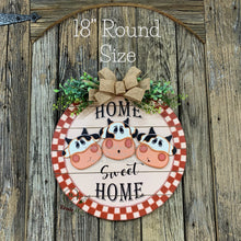 Load image into Gallery viewer, Front door hanger, Farmhouse cow door decor, Wood round, shiplap decor, Housewarming gift, Cow wreath, Cow decor, Farm door sign with cows
