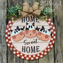 Load image into Gallery viewer, Front door hanger, Farmhouse cow door decor, Wood round, shiplap decor, Housewarming gift, Cow wreath, Cow decor, Farm door sign with cows
