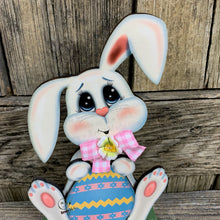 Load image into Gallery viewer, Spring Decoration, Easter Bunny with floppy ears, Farmhouse Spring, Easter Tiered tray decor, wooden Bunny with Easter egg, Primitive Bunny
