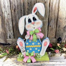 Load image into Gallery viewer, Spring Decoration, Easter Bunny centerpiece, bunny with floppy ears, Farmhouse Easter decor, wooden Bunny with Easter egg, Primitive Bunny
