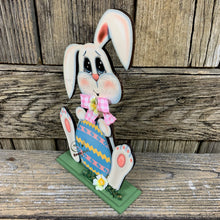 Load image into Gallery viewer, Spring Decoration, Easter Bunny with floppy ears, Farmhouse Spring, Easter Tiered tray decor, wooden Bunny with Easter egg, Primitive Bunny
