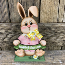 Load image into Gallery viewer, Spring Decoration, Easter Bunny centerpiece, Tiered tray decor, Vintage Easter Farmhouse decor, wood Bunny with Easter sign, Primitive Bunny
