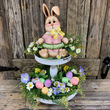 Load image into Gallery viewer, Spring Decoration, Easter Bunny centerpiece, Tiered tray decor, Vintage Easter Farmhouse decor, wood Bunny with Easter sign, Primitive Bunny
